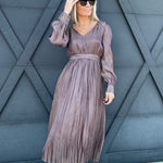 blu pepper Dresses Satin Pleated Long Sleeve Midi Dress In Mocha