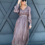 blu pepper Dresses Satin Pleated Long Sleeve Midi Dress In Mocha