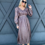 blu pepper Dresses Satin Pleated Long Sleeve Midi Dress In Mocha