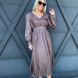 blu pepper Dresses Satin Pleated Long Sleeve Midi Dress In Mocha