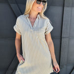 Striped Collared Mini Dress In Olive - Infinity Raine