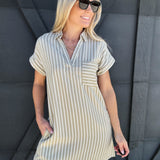 Striped Collared Mini Dress In Olive - Infinity Raine