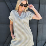 Striped Collared Mini Dress In Olive - Infinity Raine