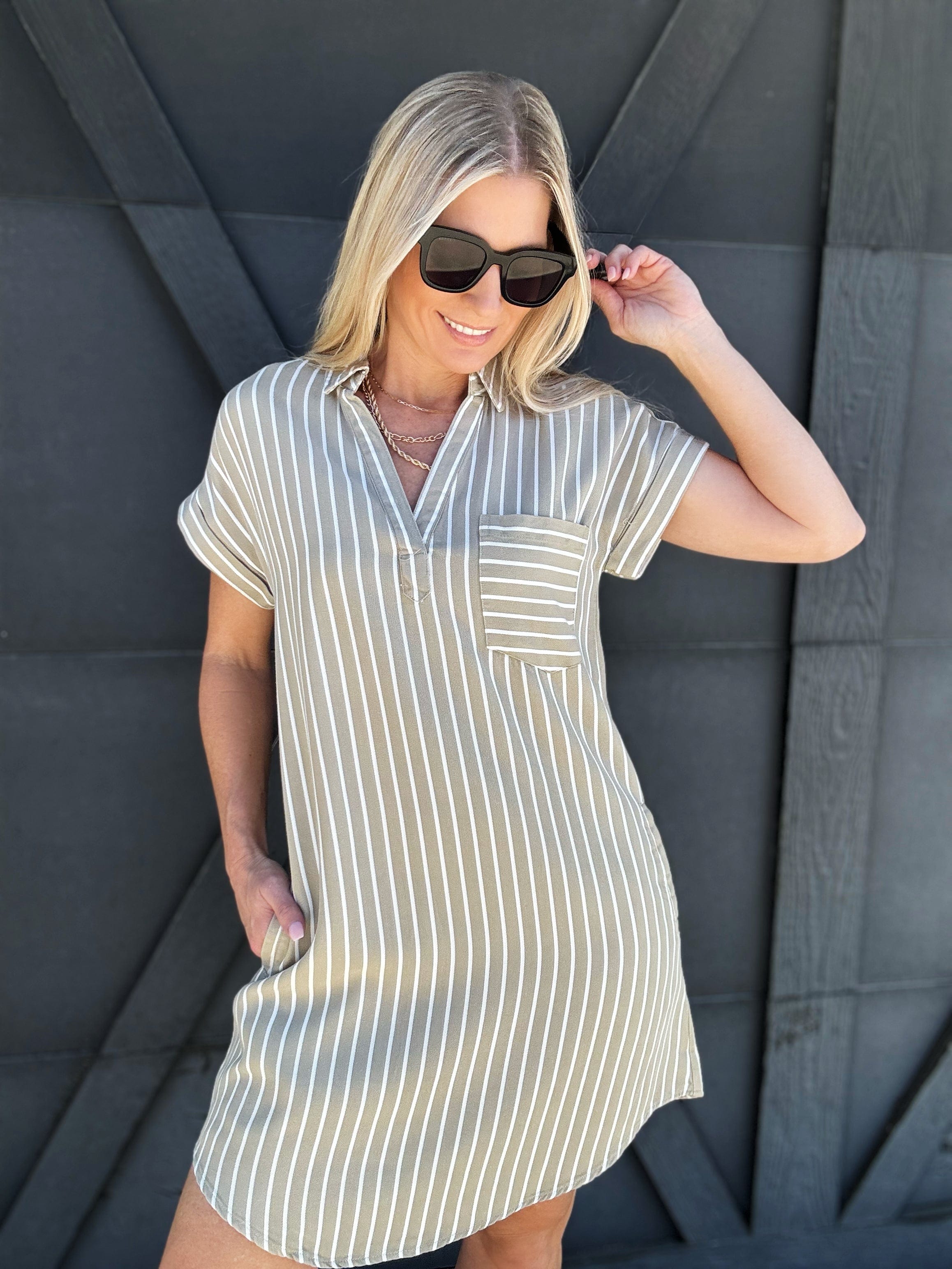 Striped Collared Mini Dress In Olive - Infinity Raine