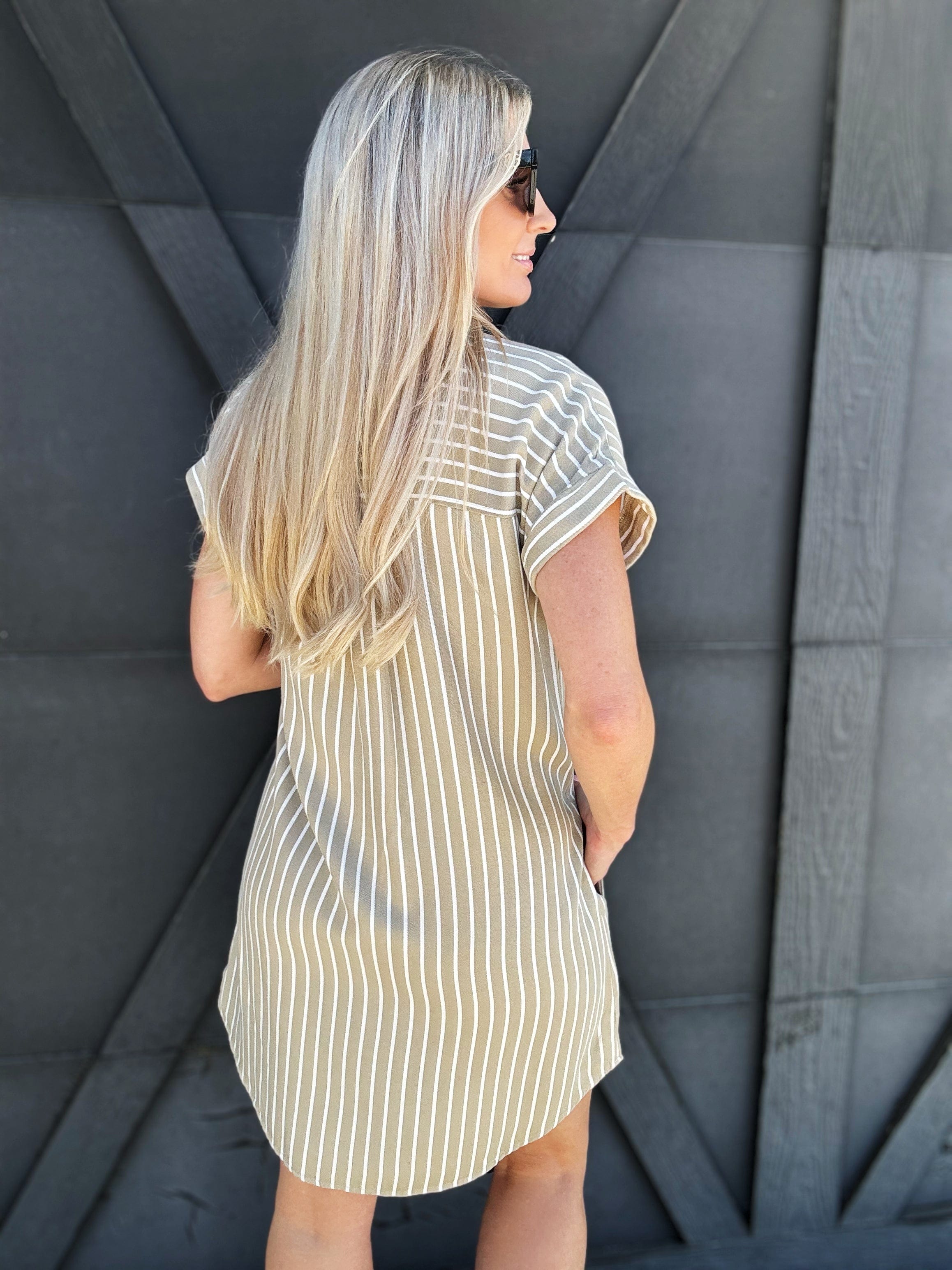 Striped Collared Mini Dress In Olive - Infinity Raine