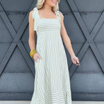 Striped Shoulder Tie Strap Midi Dress In Olive - Infinity Raine