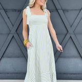 Striped Shoulder Tie Strap Midi Dress In Olive - Infinity Raine