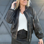 Oversized Faux Leather Zip-Up Bomber Jacket In Dark Brown - Infinity Raine