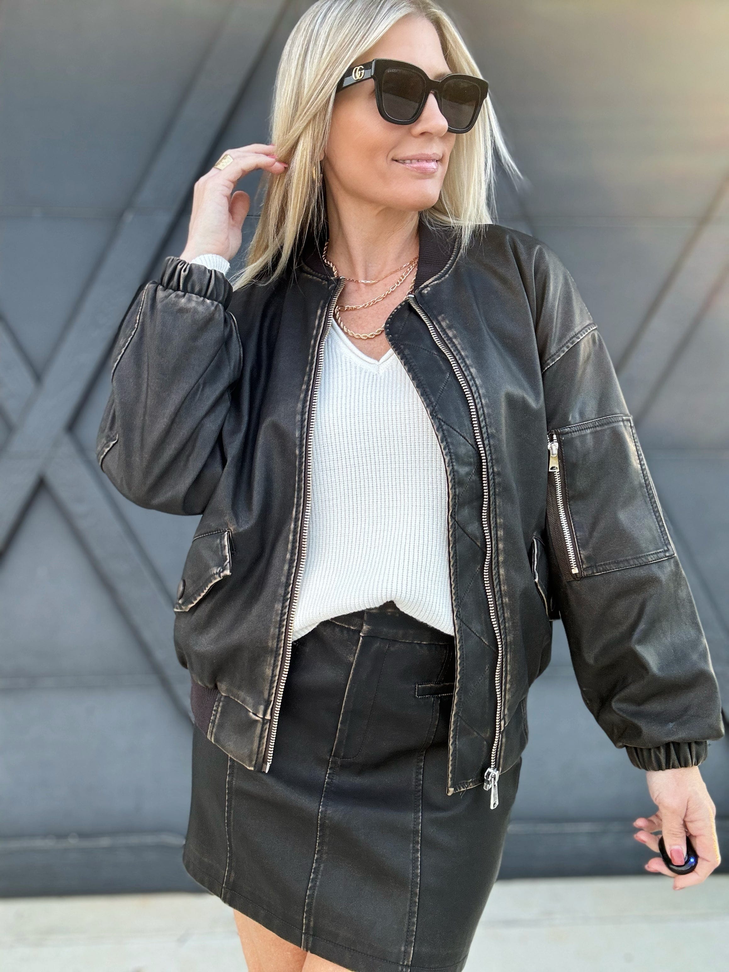 Oversized Faux Leather Zip-Up Bomber Jacket In Dark Brown - Infinity Raine