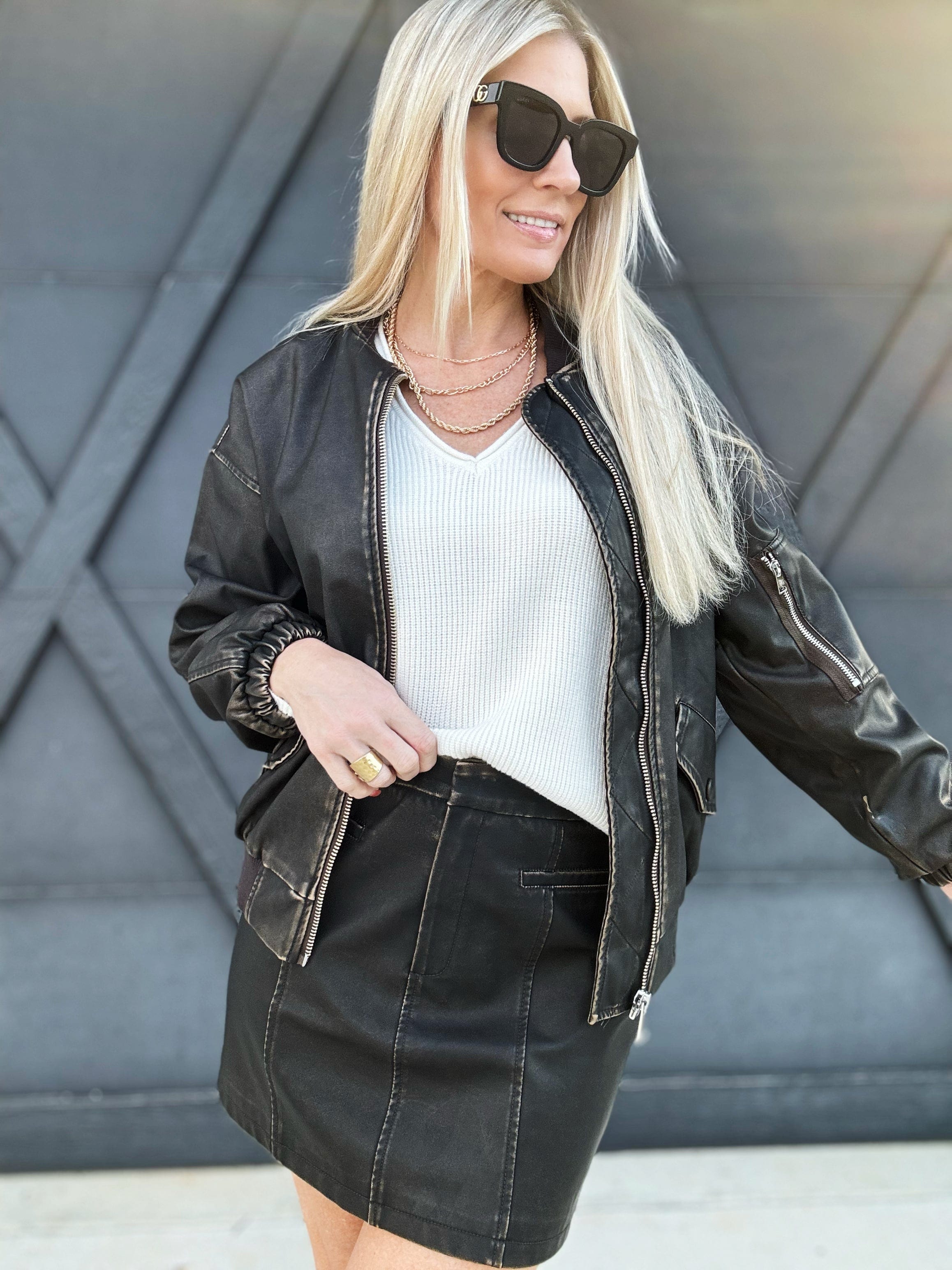 Oversized Faux Leather Zip-Up Bomber Jacket In Dark Brown - Infinity Raine