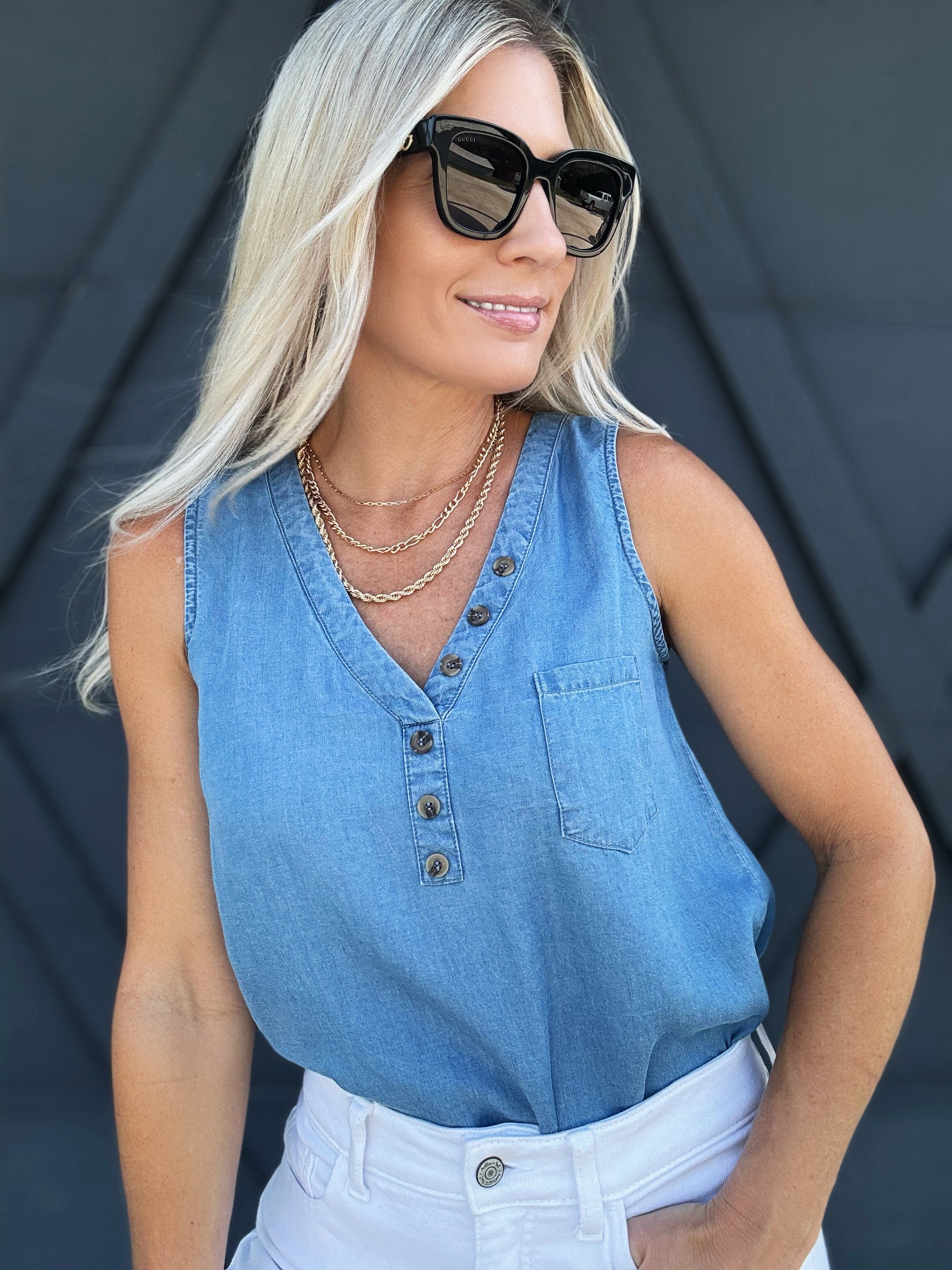 Button V- Neck Top In Chambray - Infinity Raine