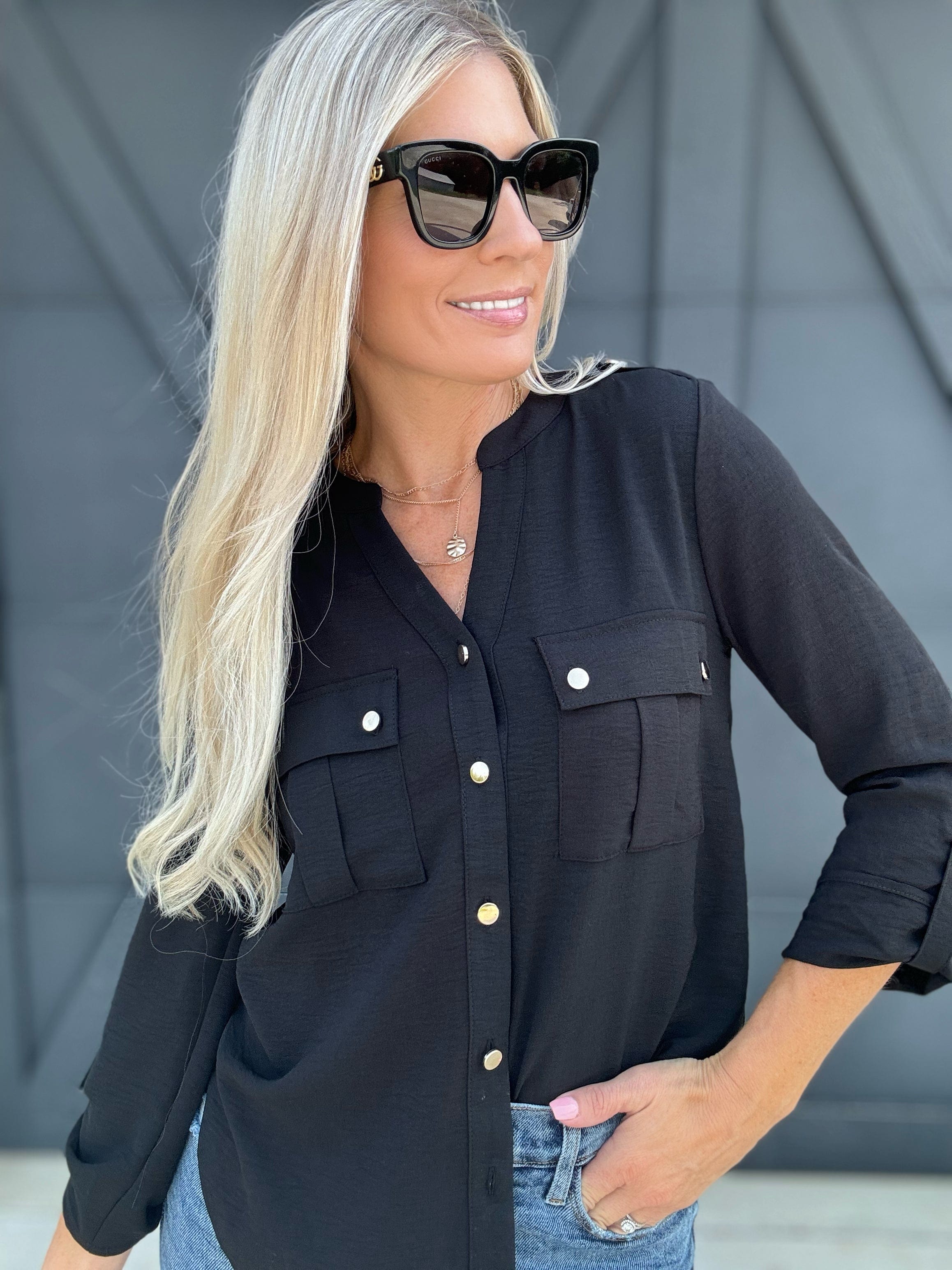 Gold Snap Blouse In Black - Infinity Raine