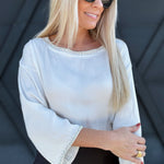 Rhinestone Trim Wide Sleeve Crop Top In Cream - Infinity Raine