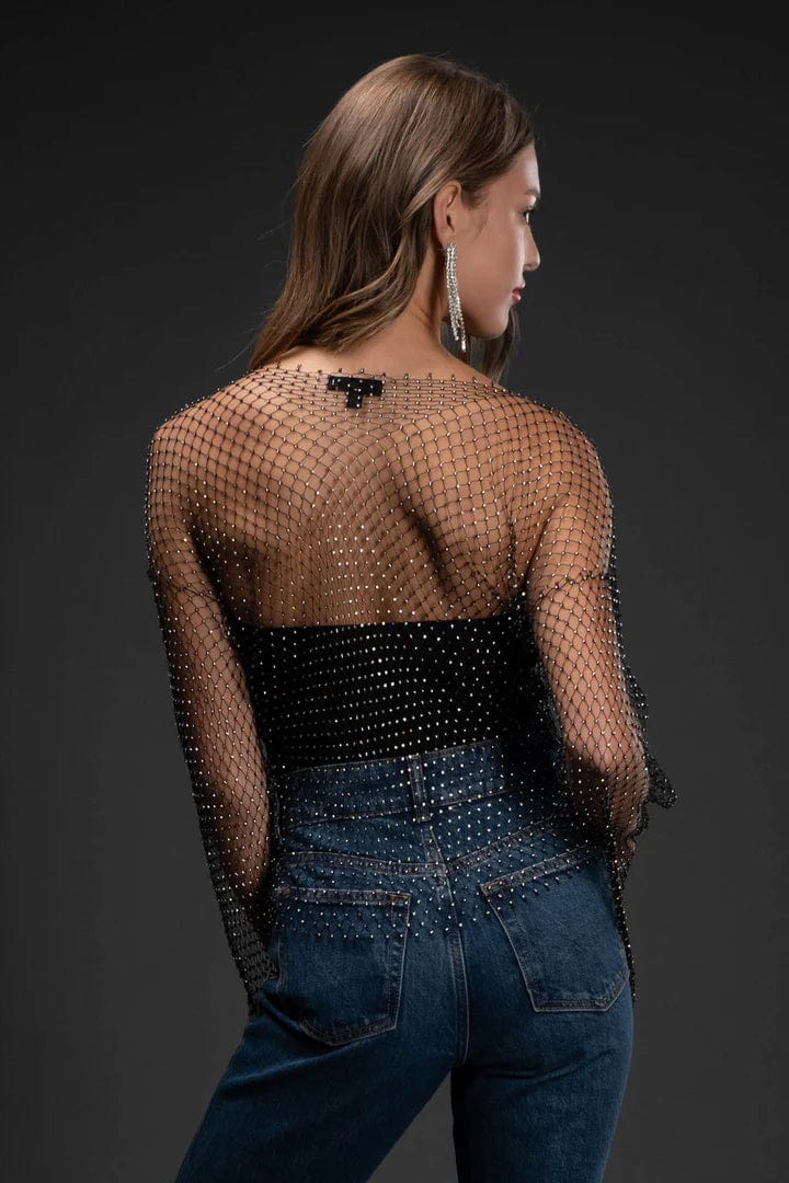 Sheer Rhinestone Top In Black - Infinity Raine