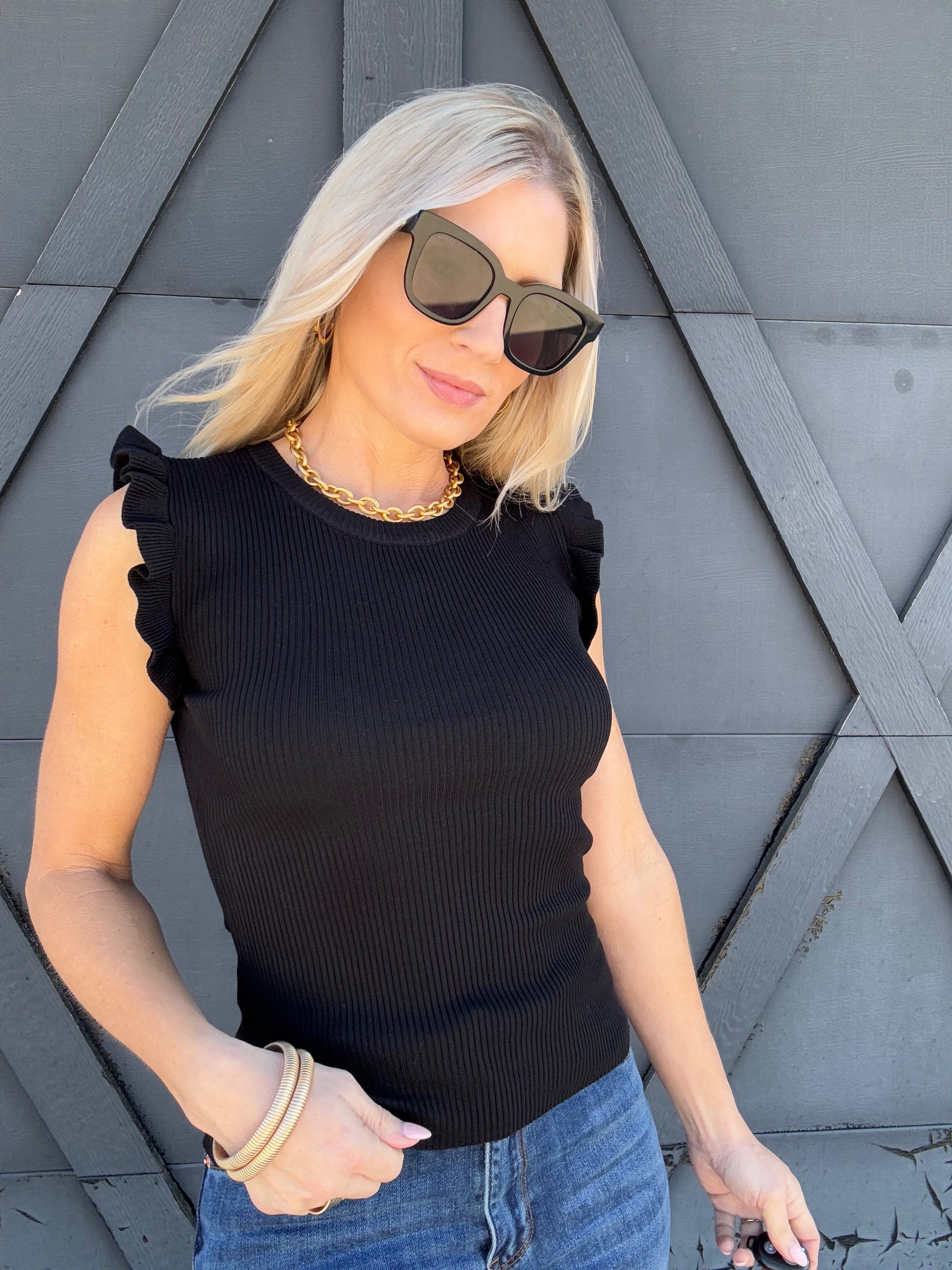 Sleeveless Ruffle Sweater Top In Black - Infinity Raine