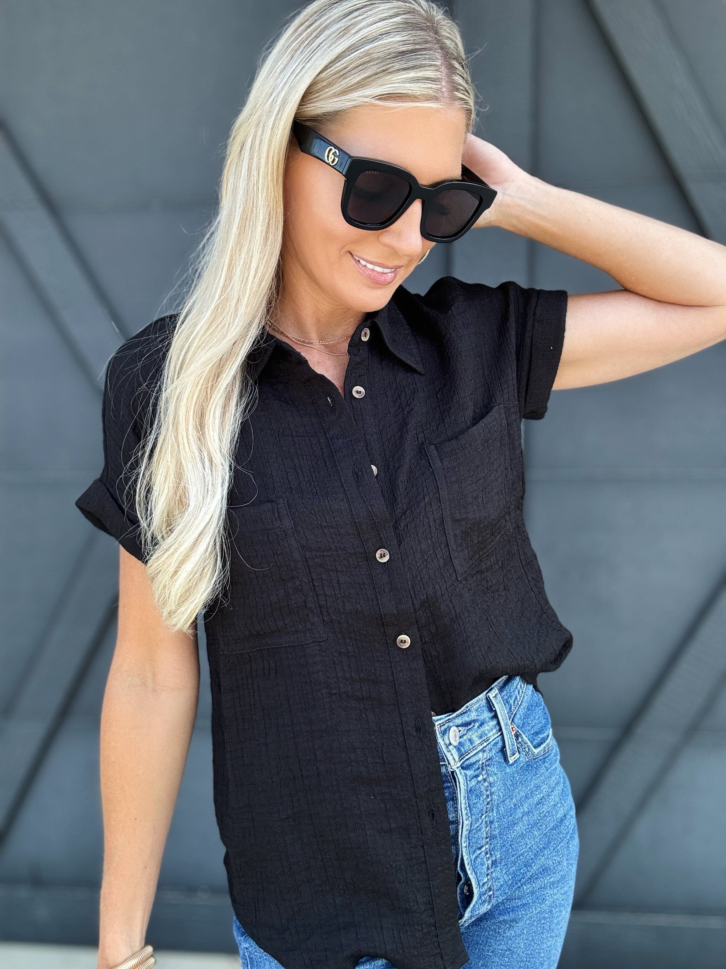 Solid Fold Sleeve Button Down In Black - Infinity Raine