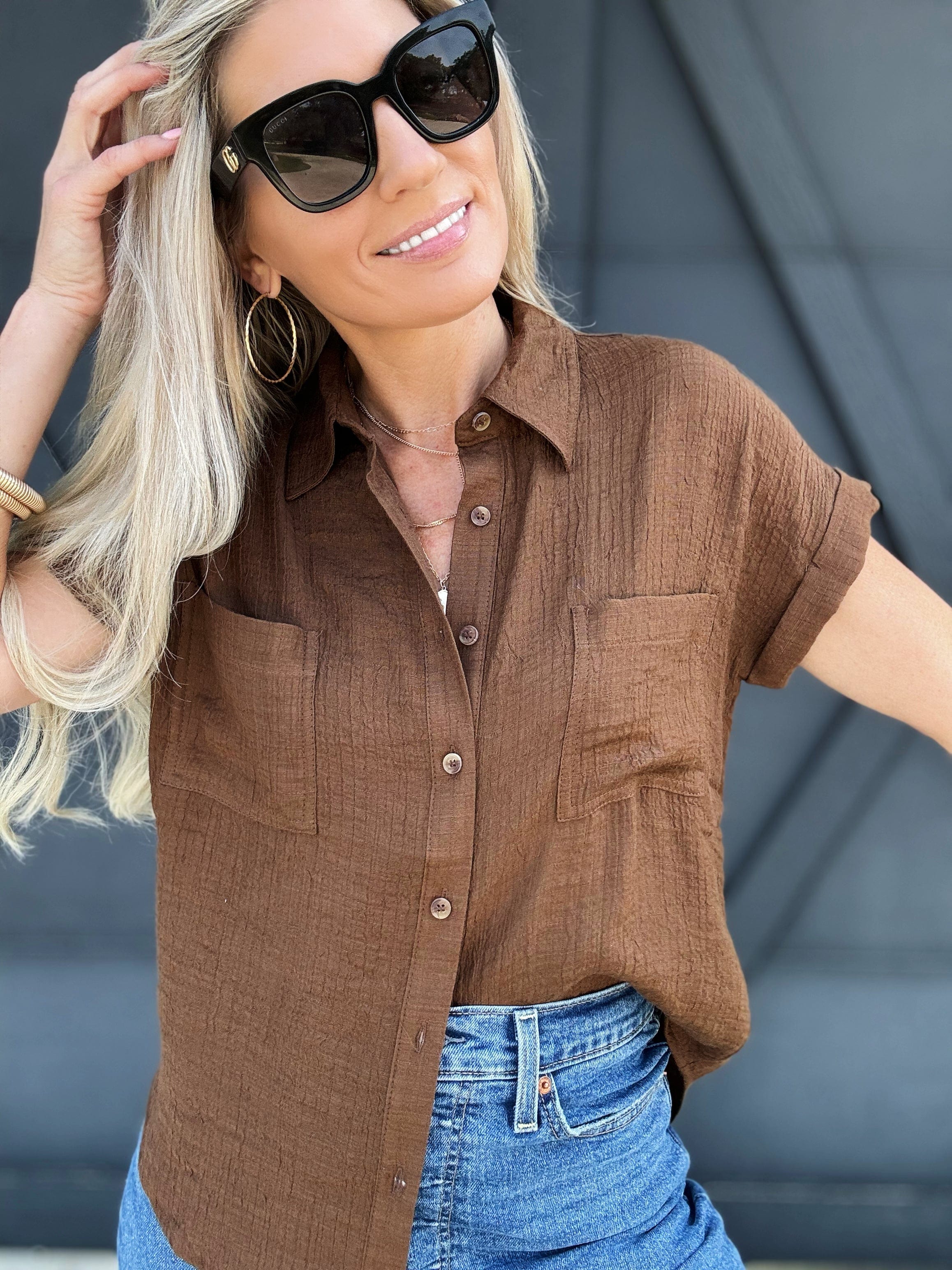 Solid Fold Sleeve Button Down In Brown - Infinity Raine