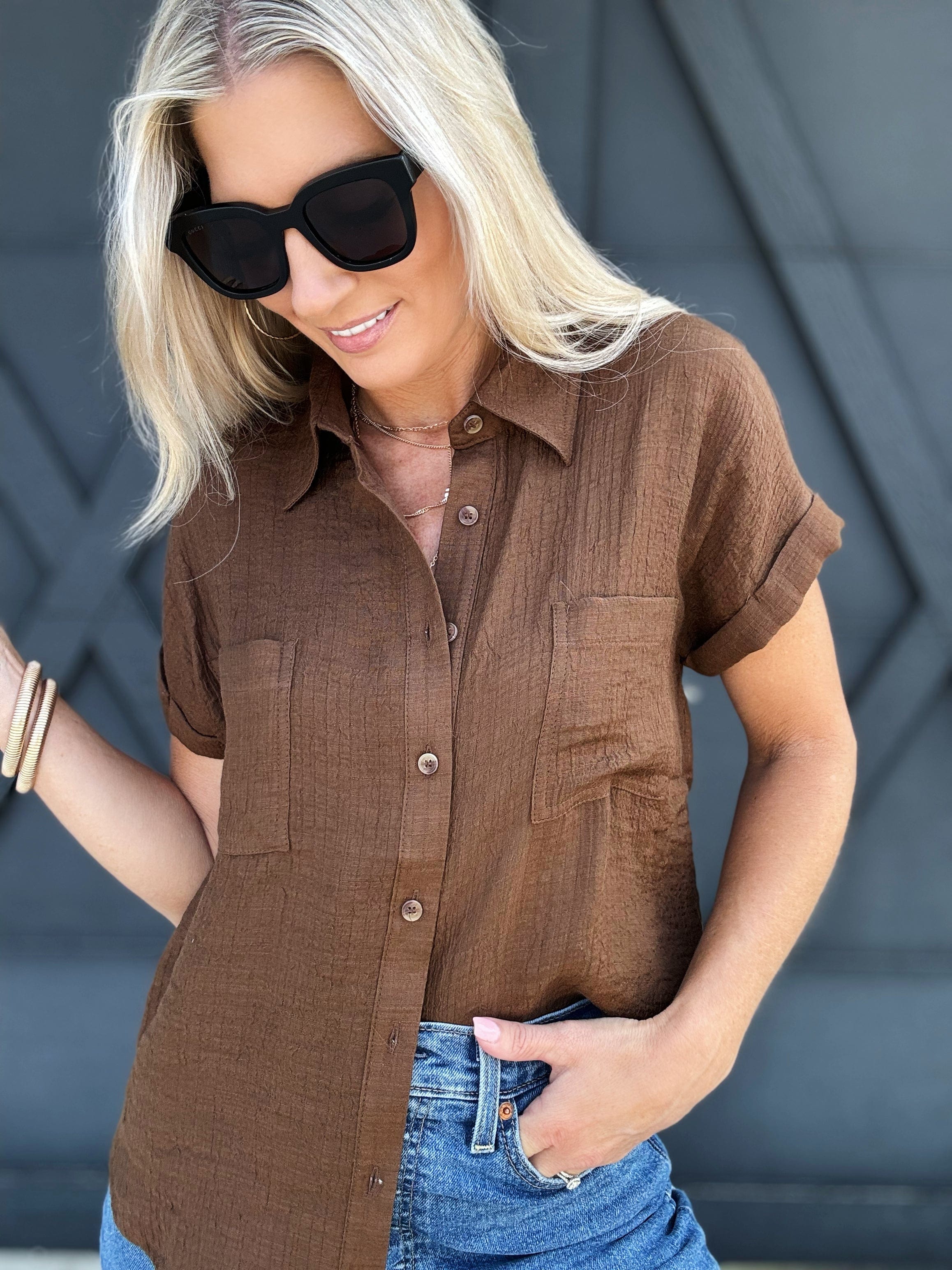 Solid Fold Sleeve Button Down In Brown - Infinity Raine