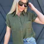 Solid Fold Sleeve Button Down In Dark Olive - Infinity Raine