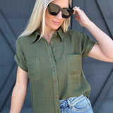 Solid Fold Sleeve Button Down In Dark Olive - Infinity Raine