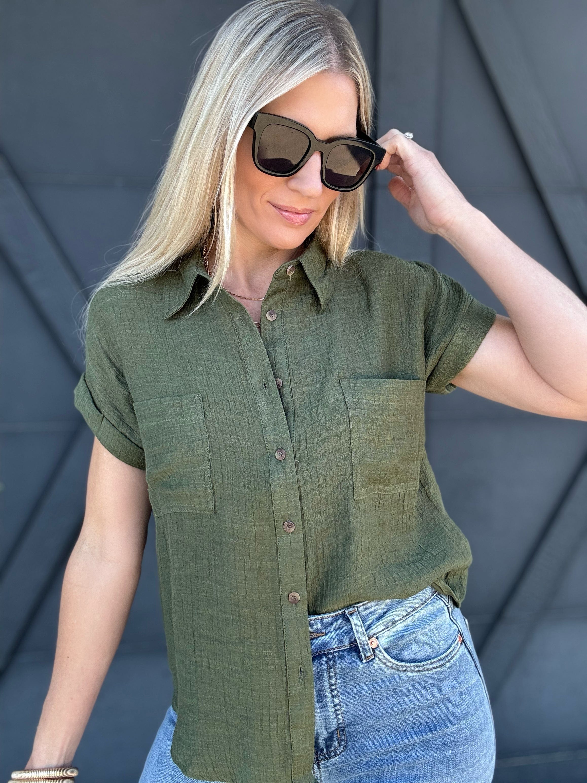 Solid Fold Sleeve Button Down In Dark Olive - Infinity Raine