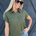 Solid Fold Sleeve Button Down In Dark Olive - Infinity Raine