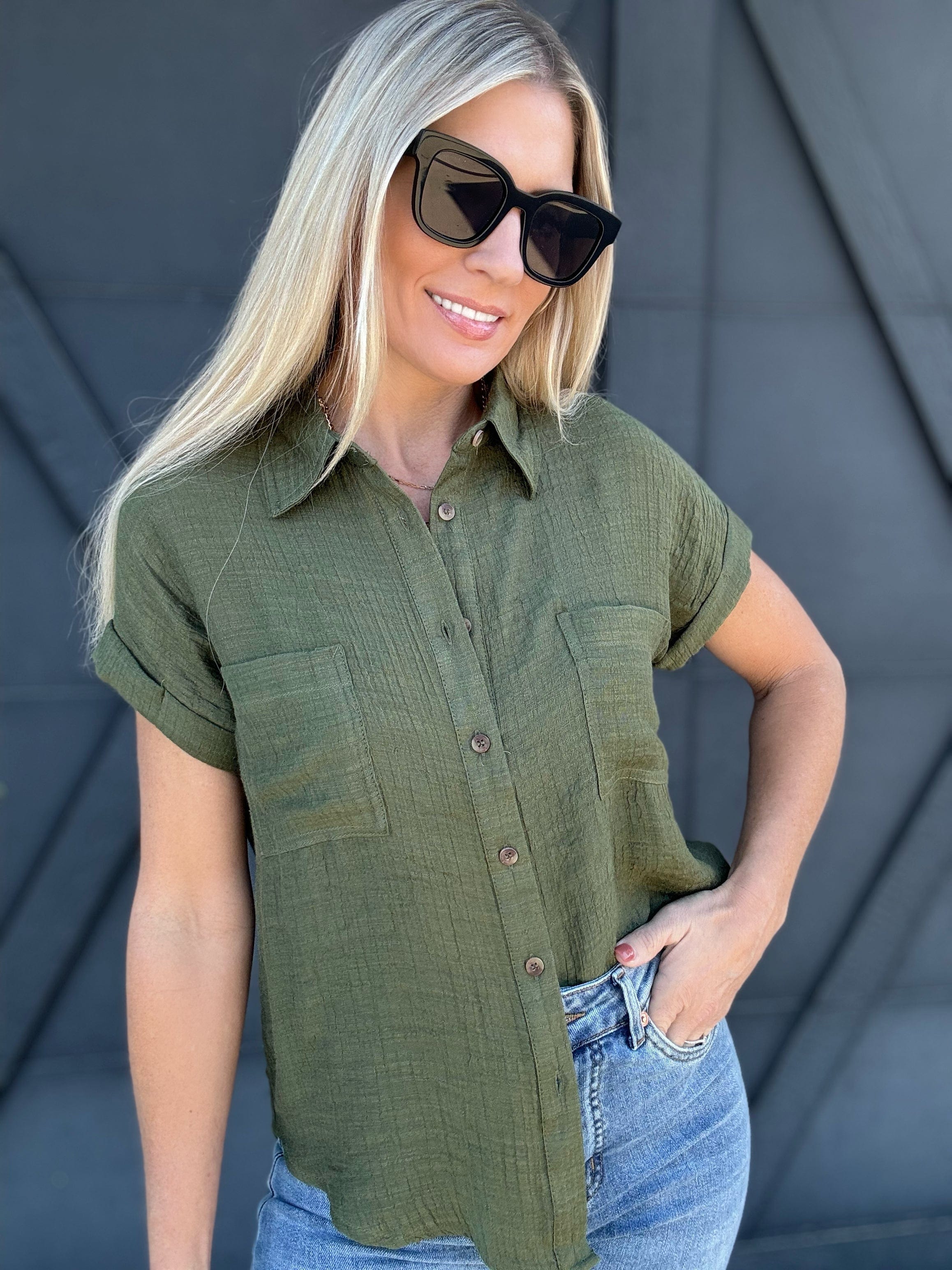 Solid Fold Sleeve Button Down In Dark Olive - Infinity Raine