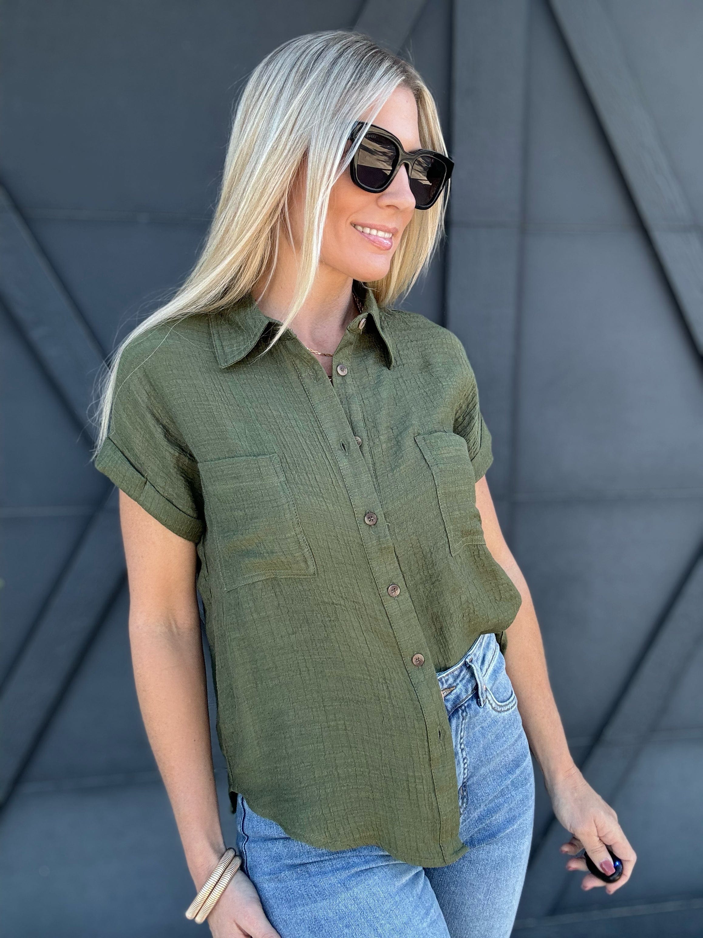 Solid Fold Sleeve Button Down In Dark Olive - Infinity Raine