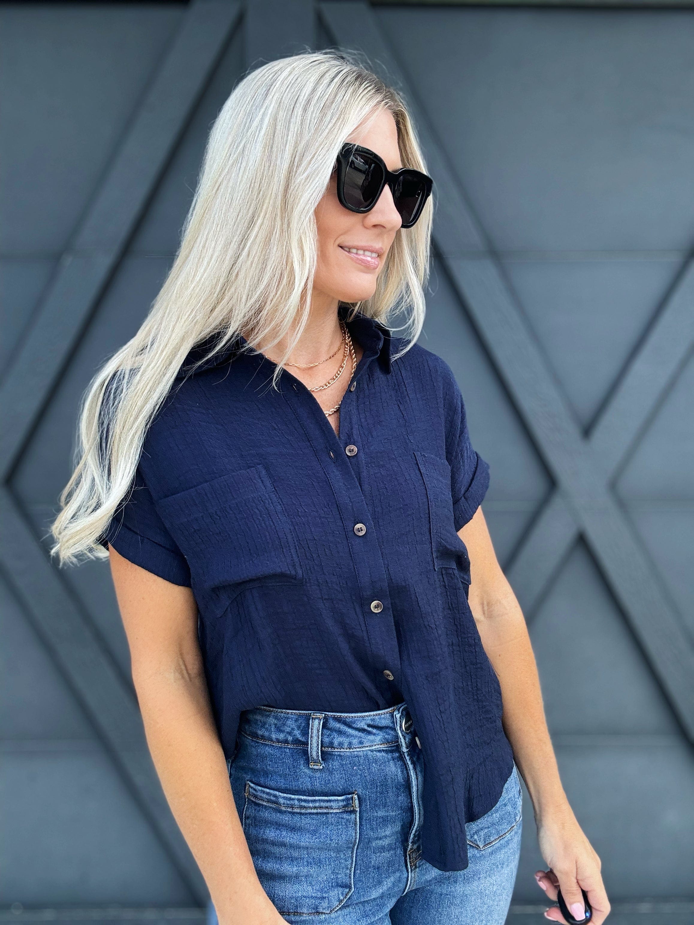 Solid Fold Sleeve Button Down In Navy - Infinity Raine