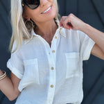 Solid Fold Sleeve Button Down In White - Infinity Raine