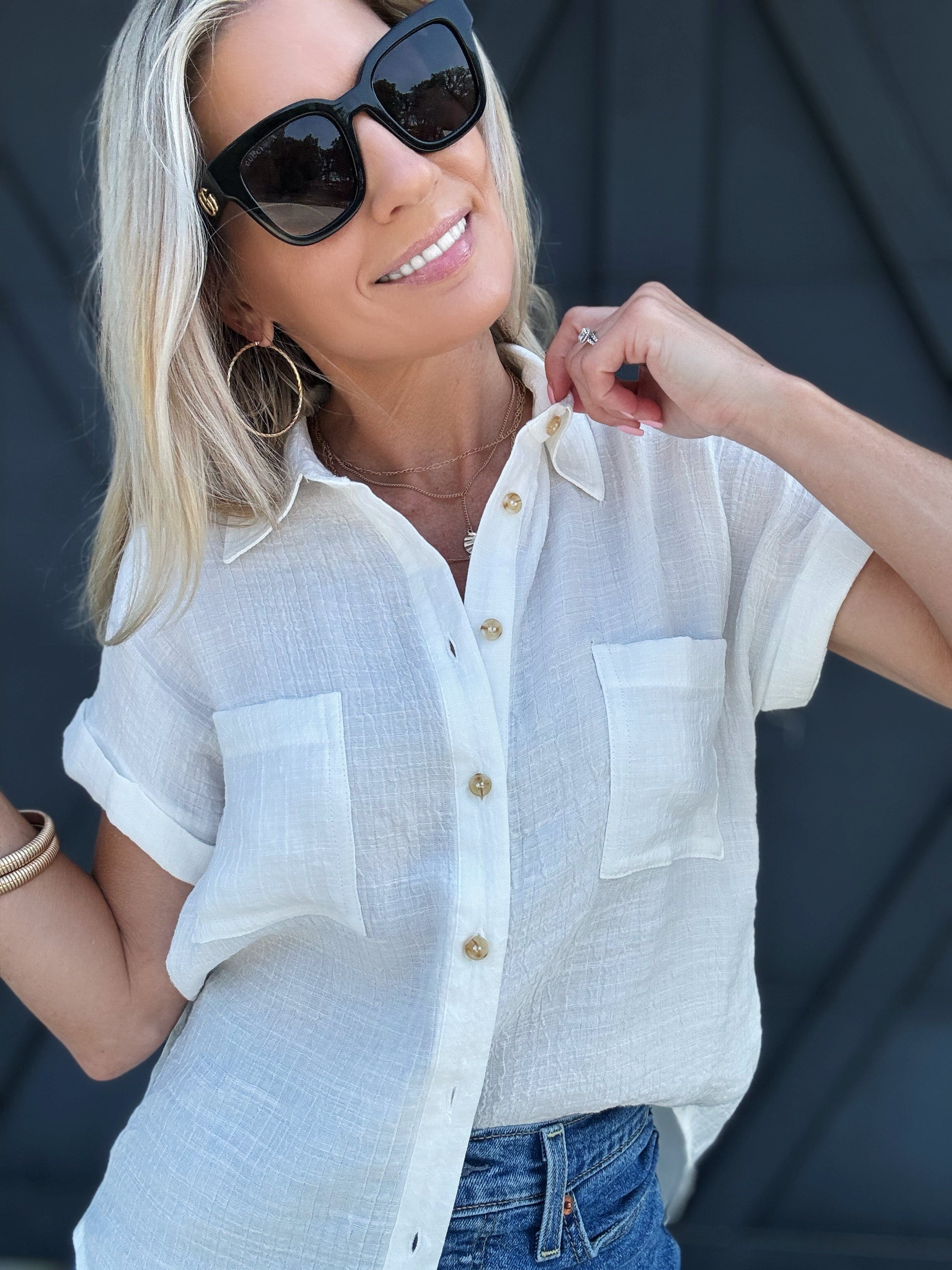 Solid Fold Sleeve Button Down In White - Infinity Raine