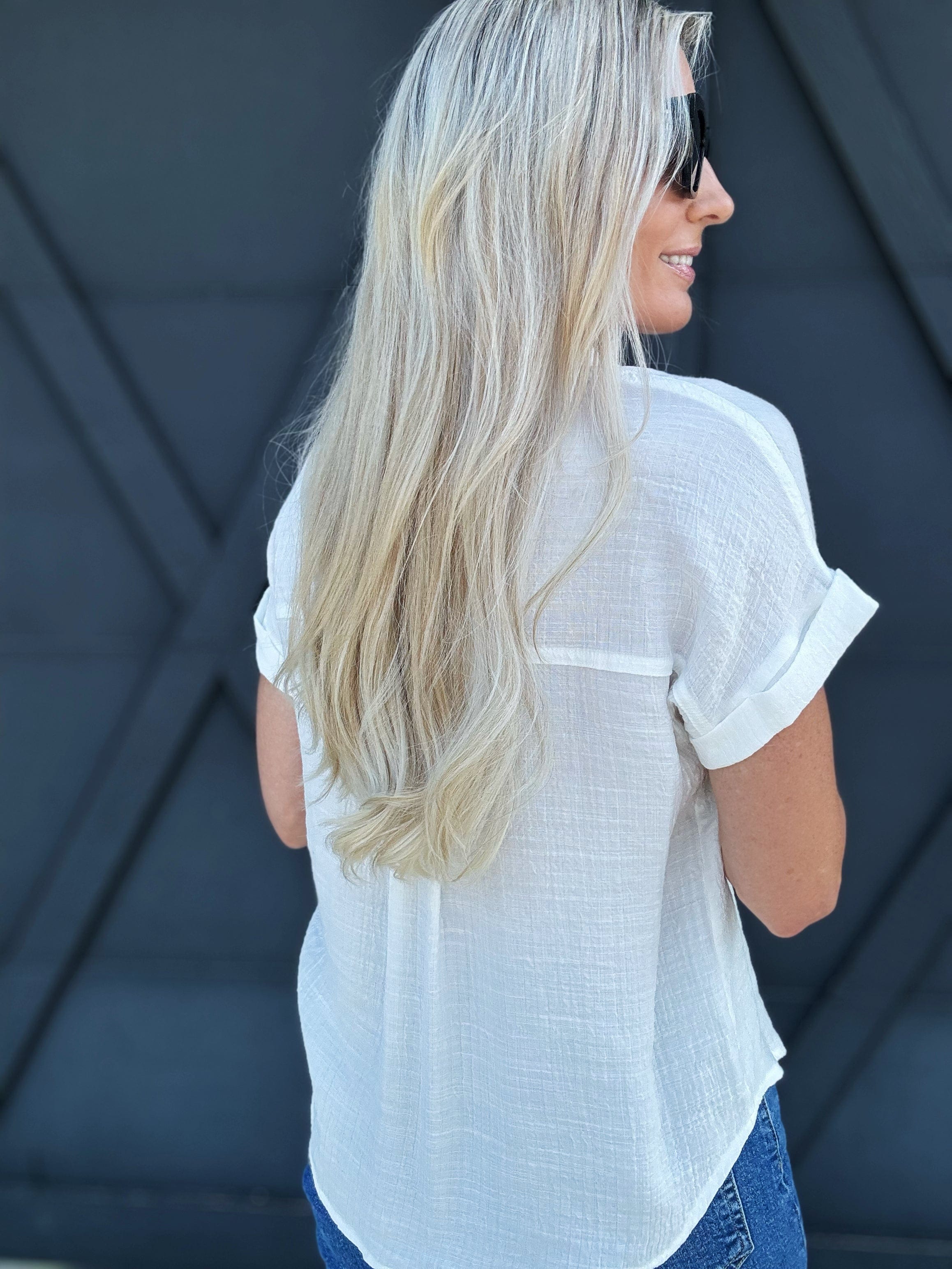 Solid Fold Sleeve Button Down In White - Infinity Raine