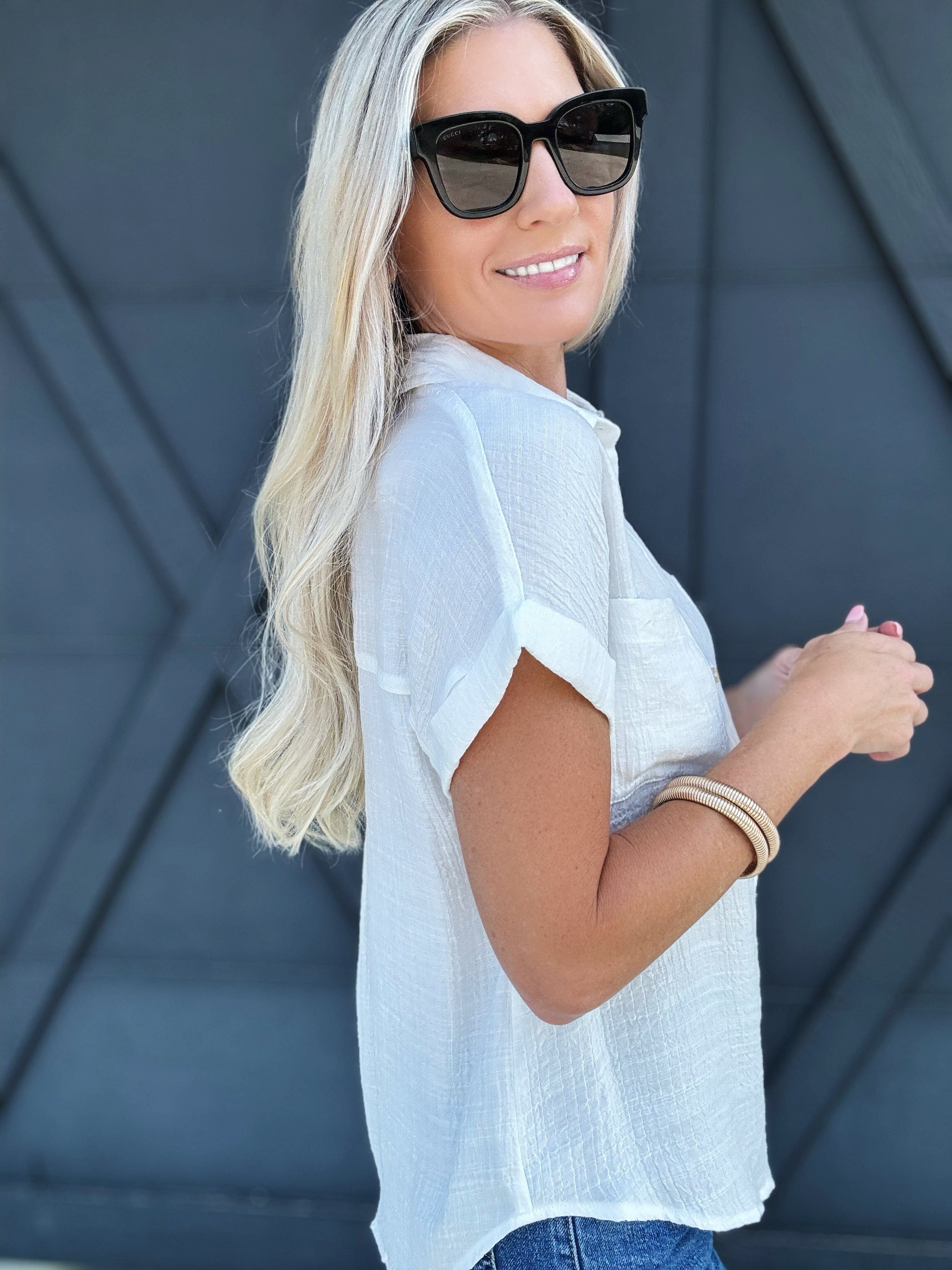 Solid Fold Sleeve Button Down In White - Infinity Raine