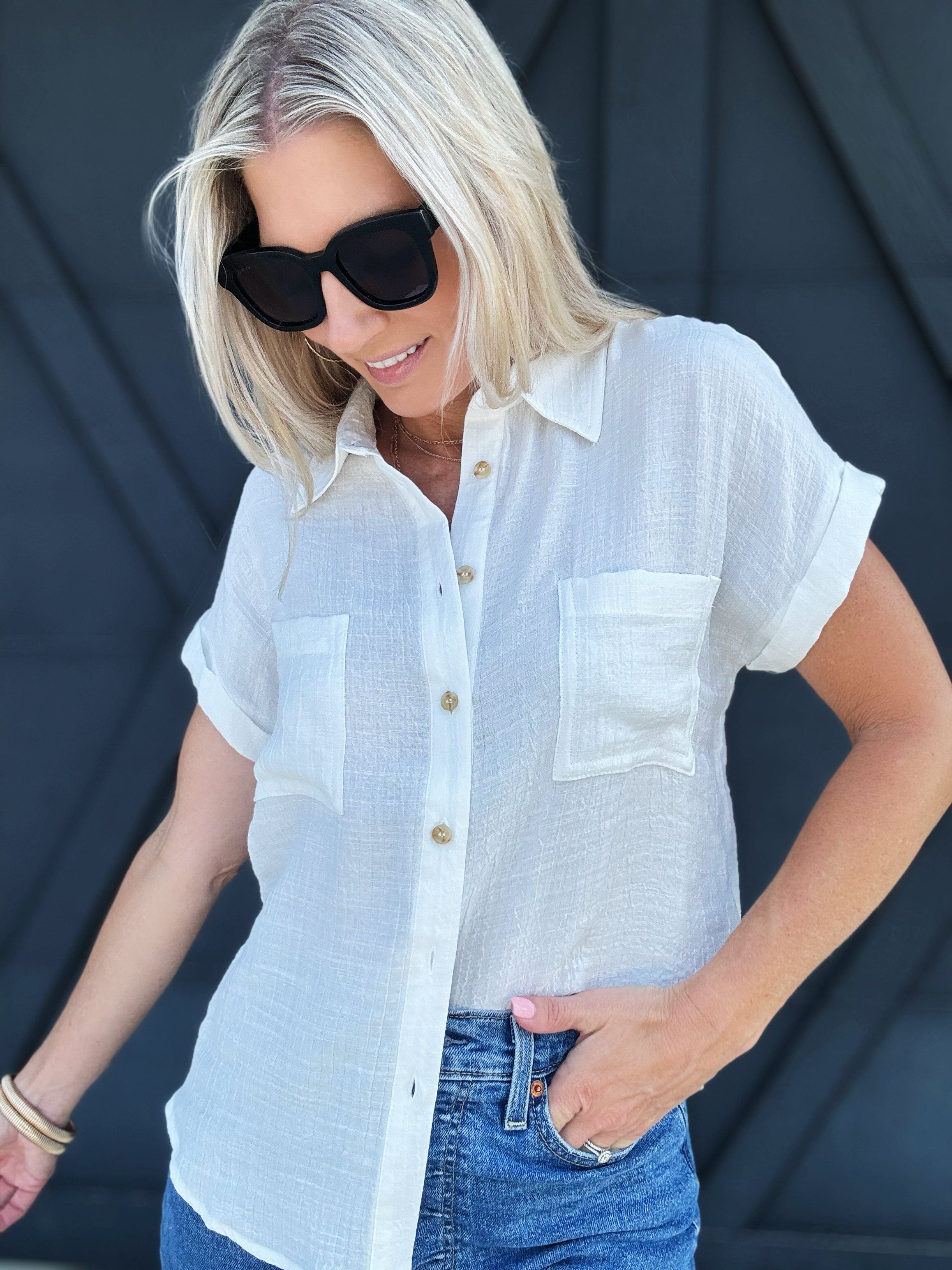 Solid Fold Sleeve Button Down In White - Infinity Raine