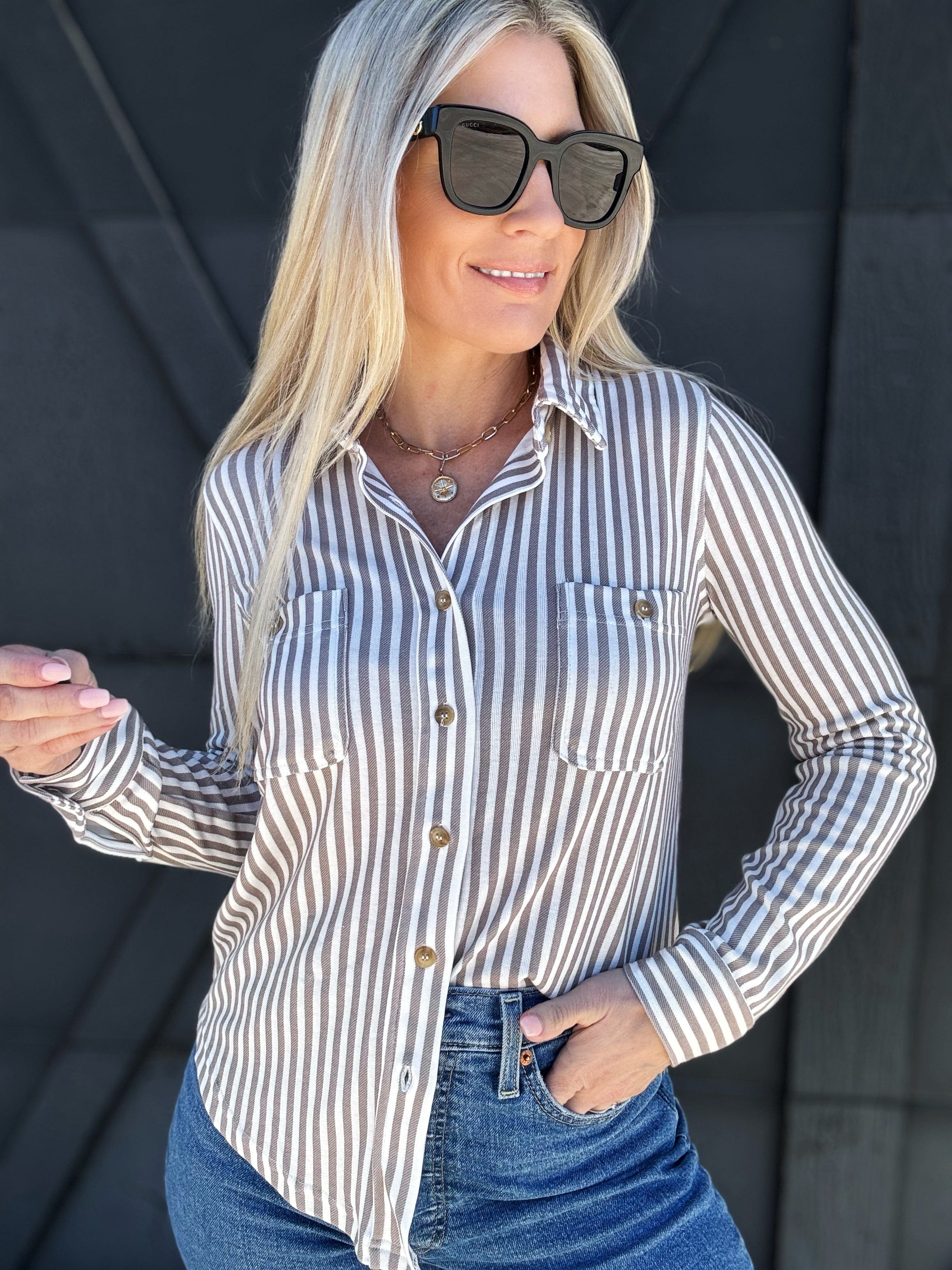 blu pepper Tops - Blouses Stripe Collared Button Down In Mocha