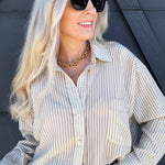 Stripe Oversized Button Down In Light Khaki - Infinity Raine