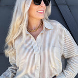 Stripe Oversized Button Down In Light Khaki - Infinity Raine