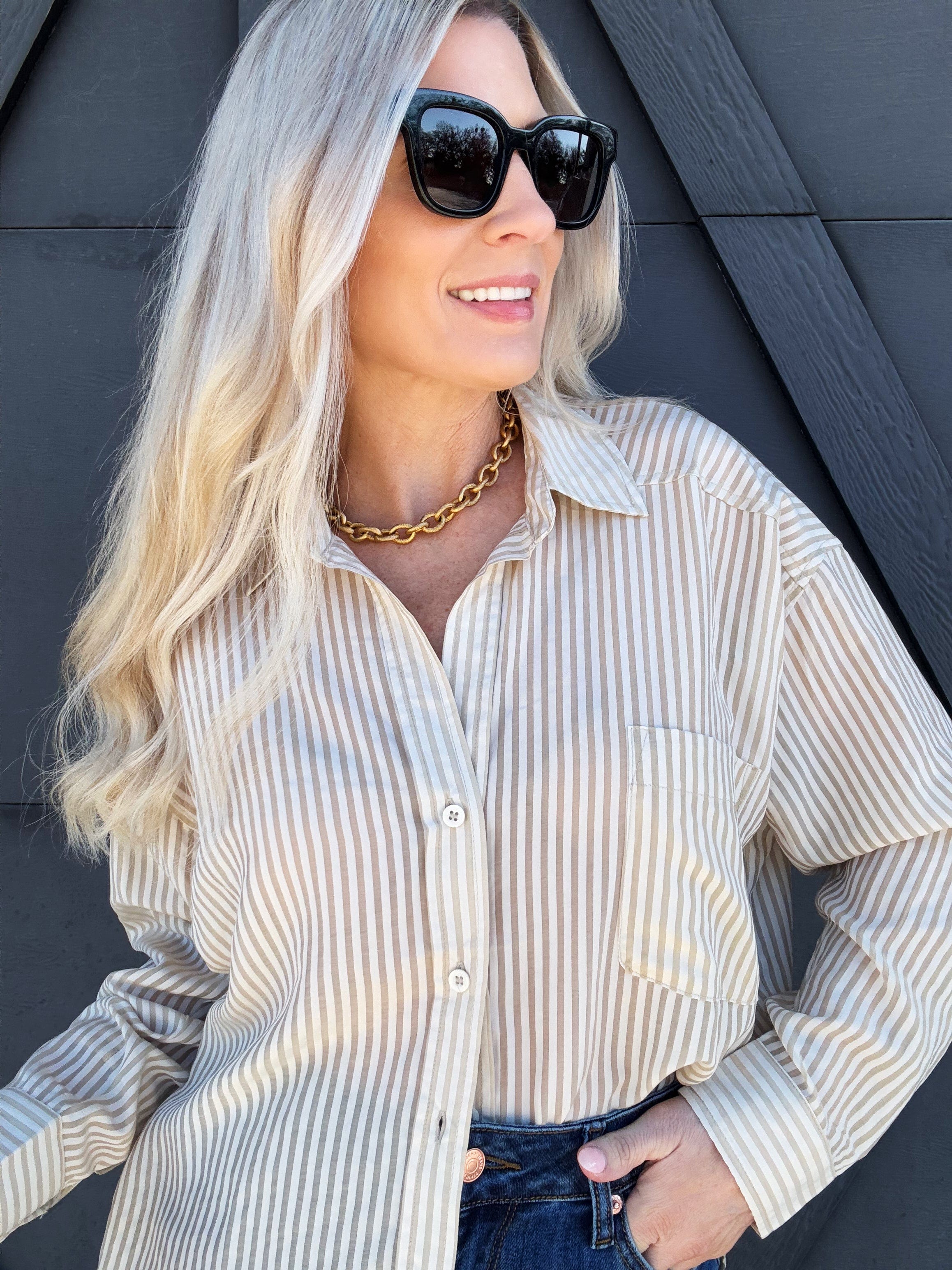 Stripe Oversized Button Down In Light Khaki - Infinity Raine