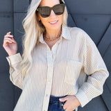 Stripe Oversized Button Down In Light Khaki - Infinity Raine