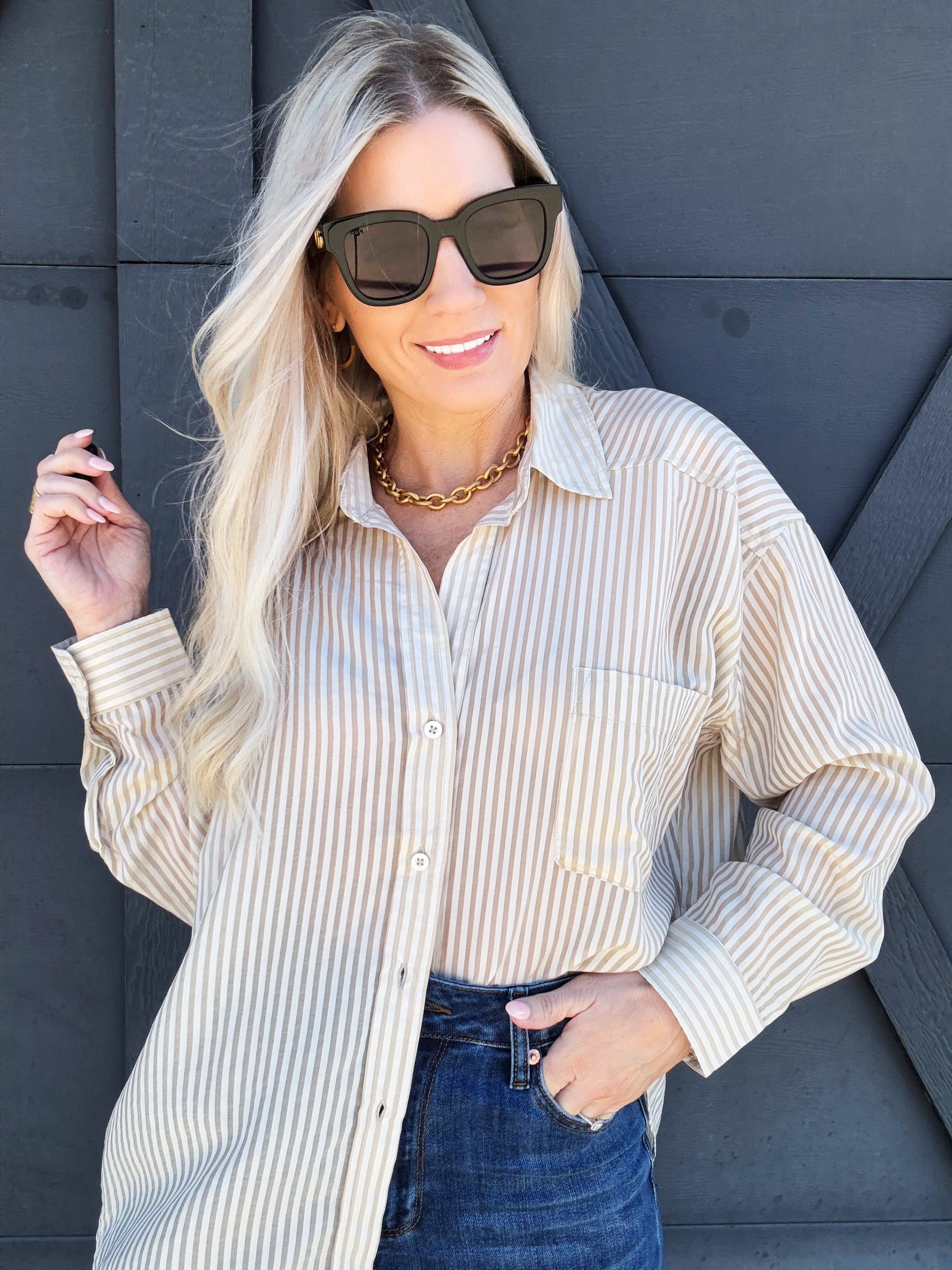 Stripe Oversized Button Down In Light Khaki - Infinity Raine