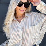 Stripe Oversized Button Down In Light Khaki - Infinity Raine