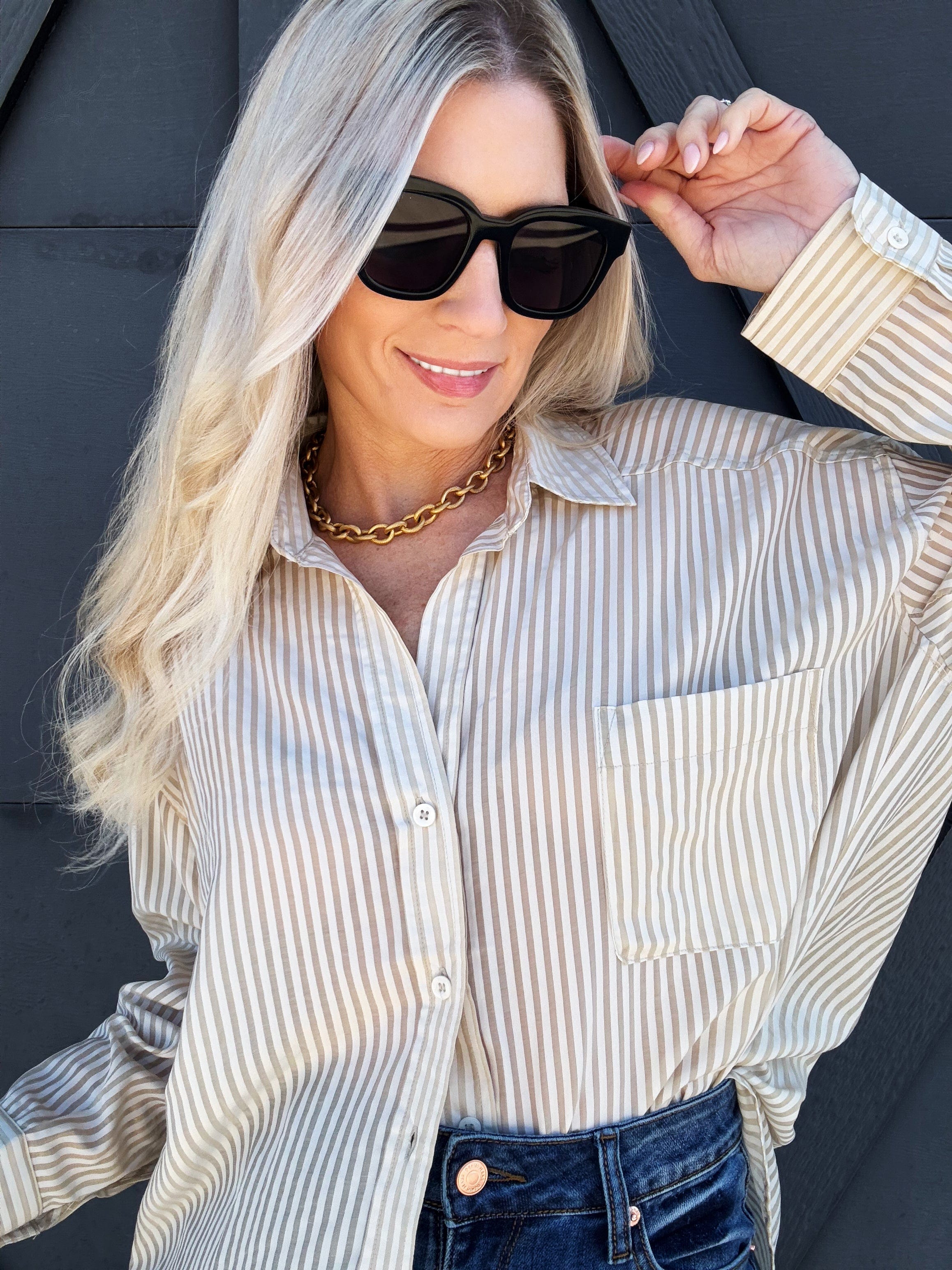 Stripe Oversized Button Down In Light Khaki - Infinity Raine