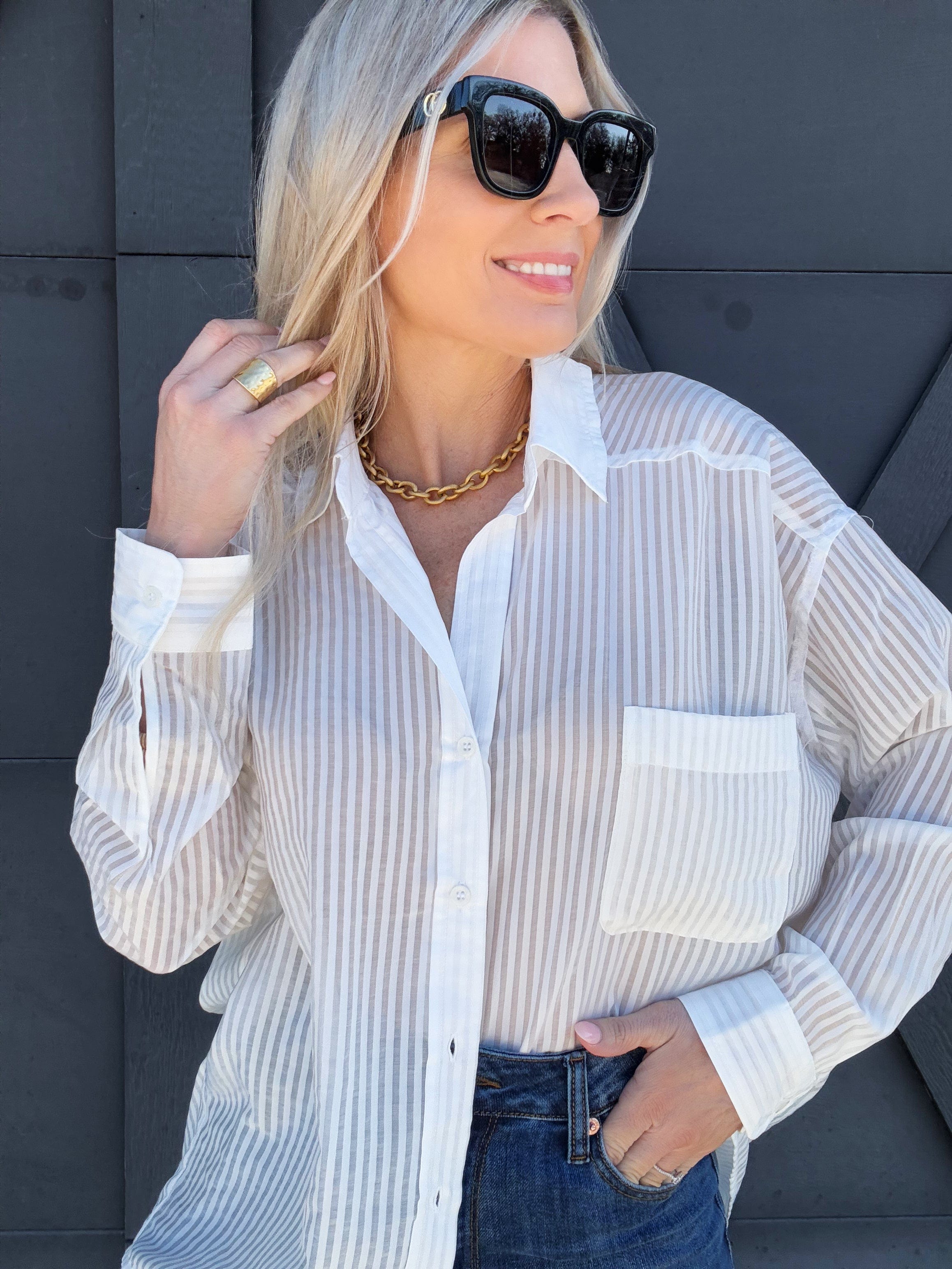 blu pepper Tops - Blouses Stripe Oversized Button Down In White