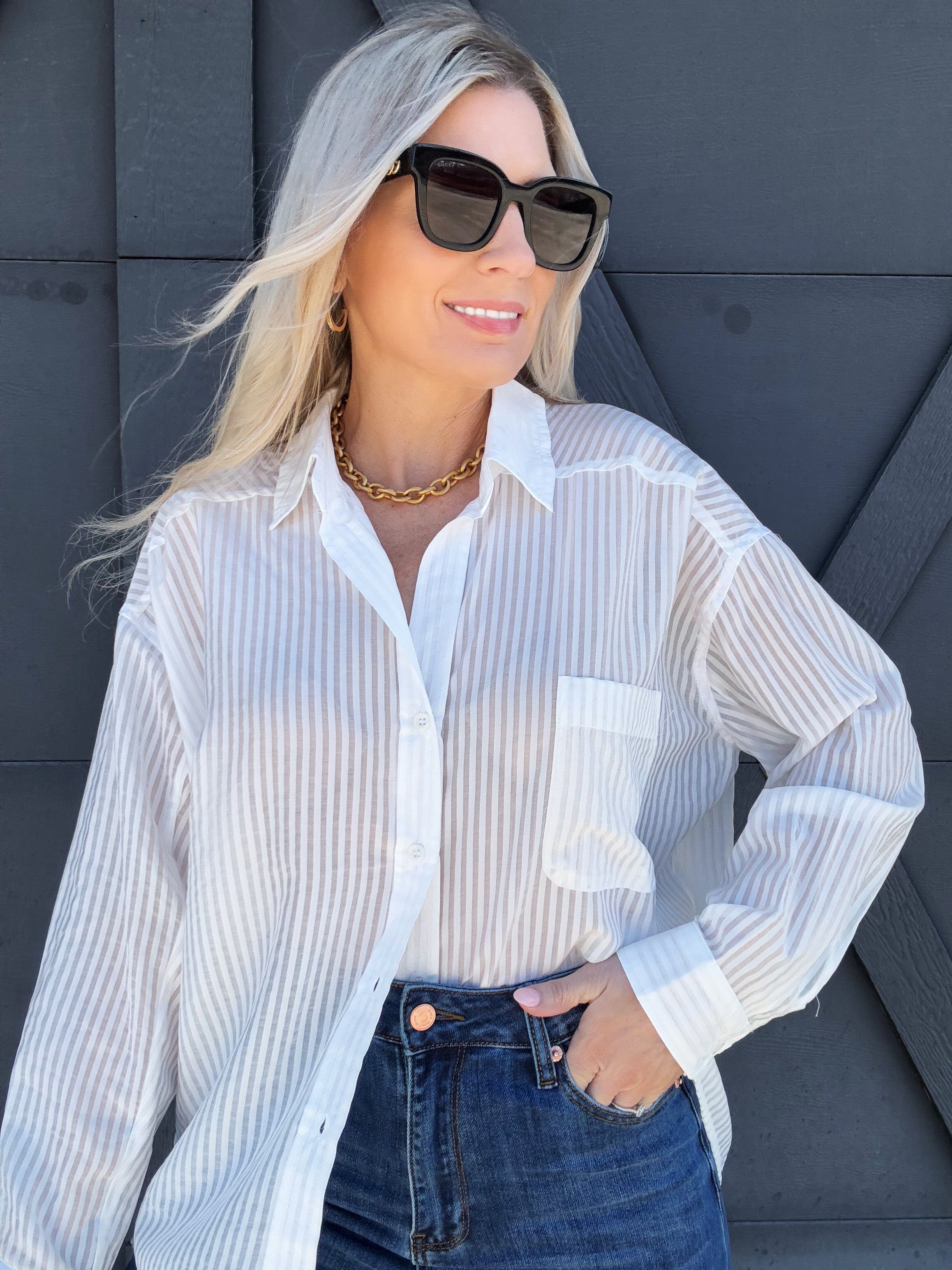 Stripe Oversized Button Down In White - Infinity Raine