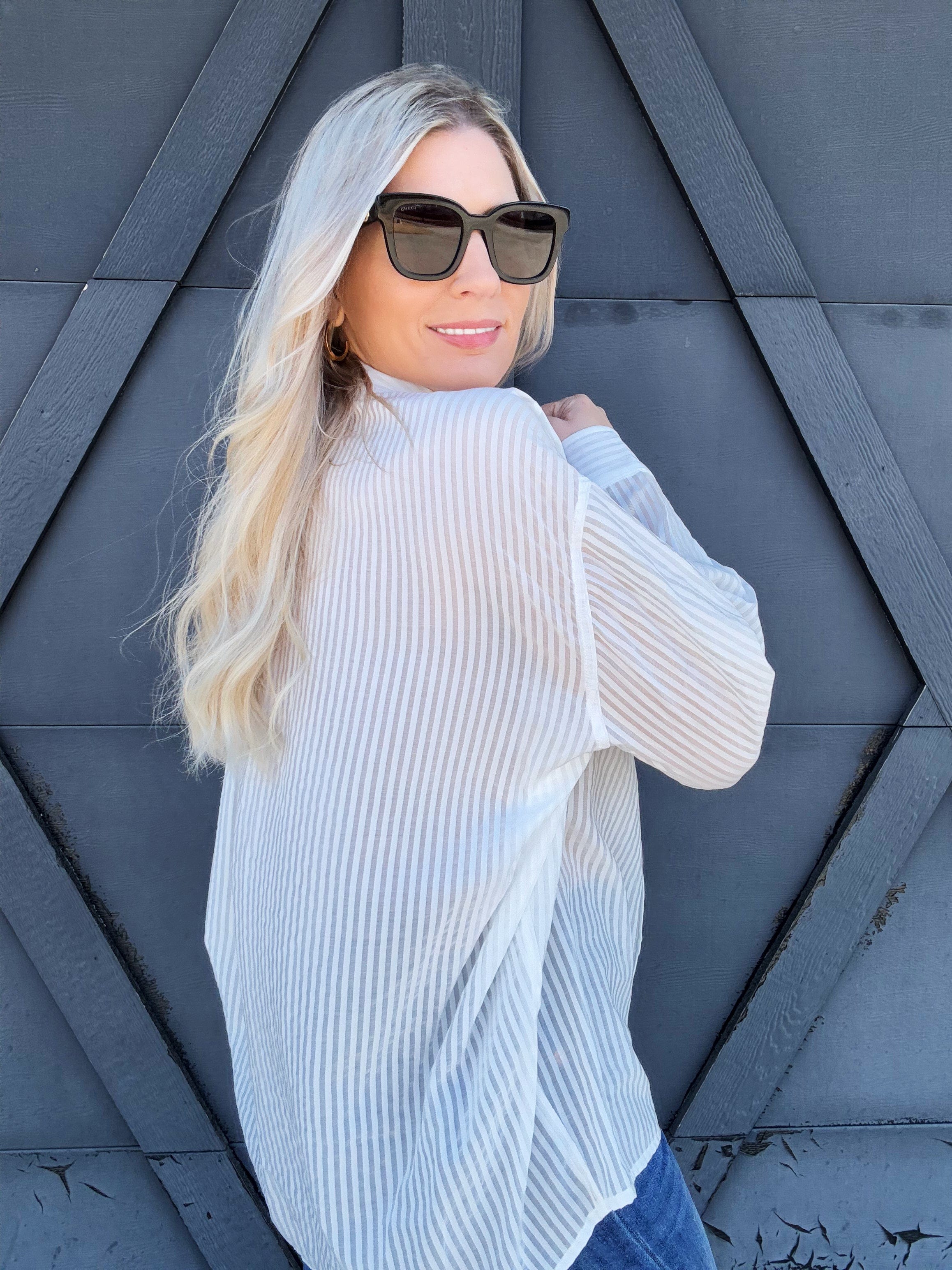 blu pepper Tops - Blouses Stripe Oversized Button Down In White