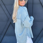 Striped Button Down Shacket In Chambray - Infinity Raine