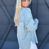 Striped Button Down Shacket In Chambray - Infinity Raine