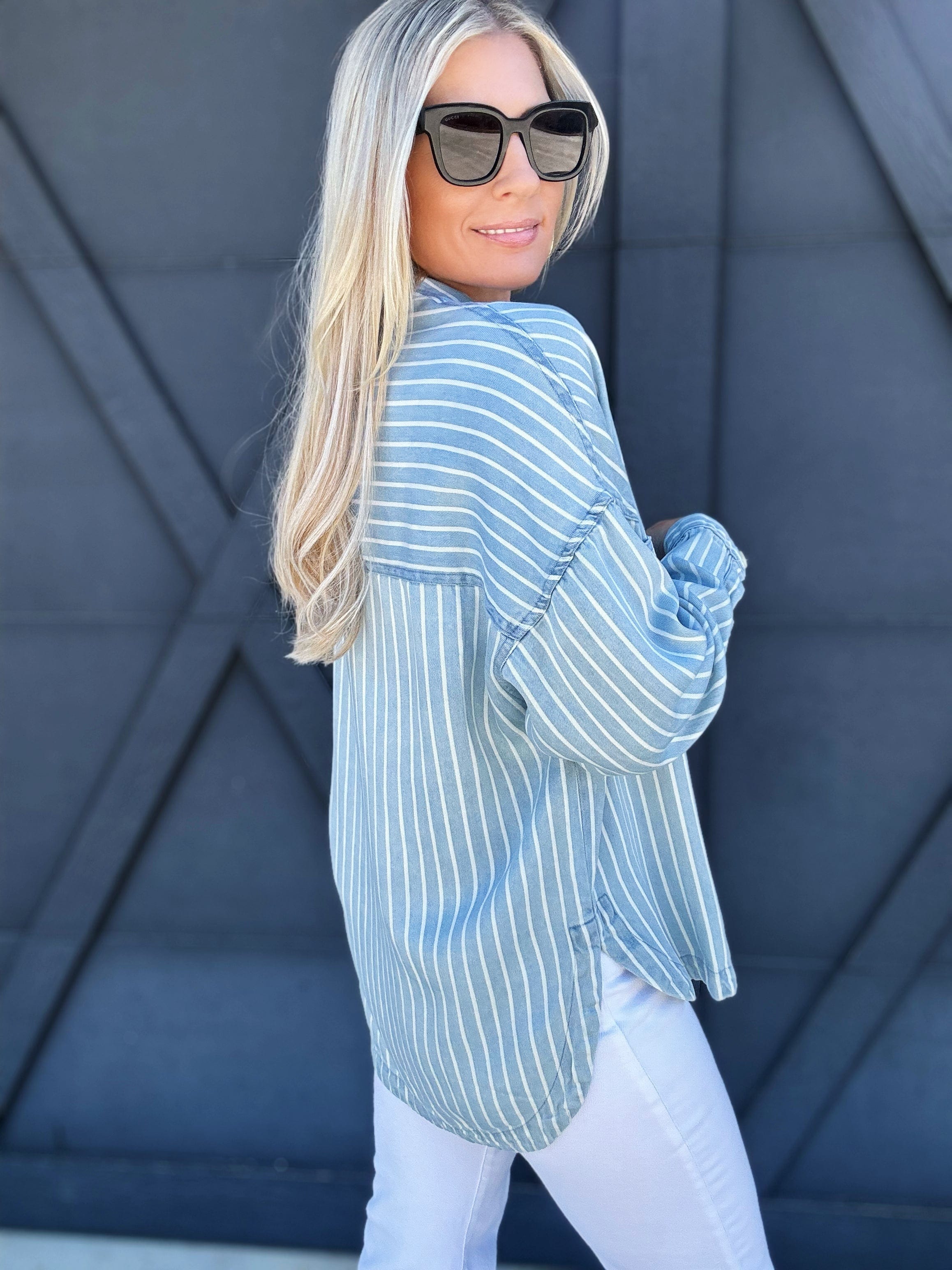 Striped Button Down Shacket In Chambray - Infinity Raine