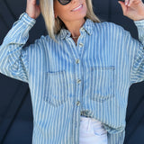 Striped Button Down Shacket In Chambray - Infinity Raine