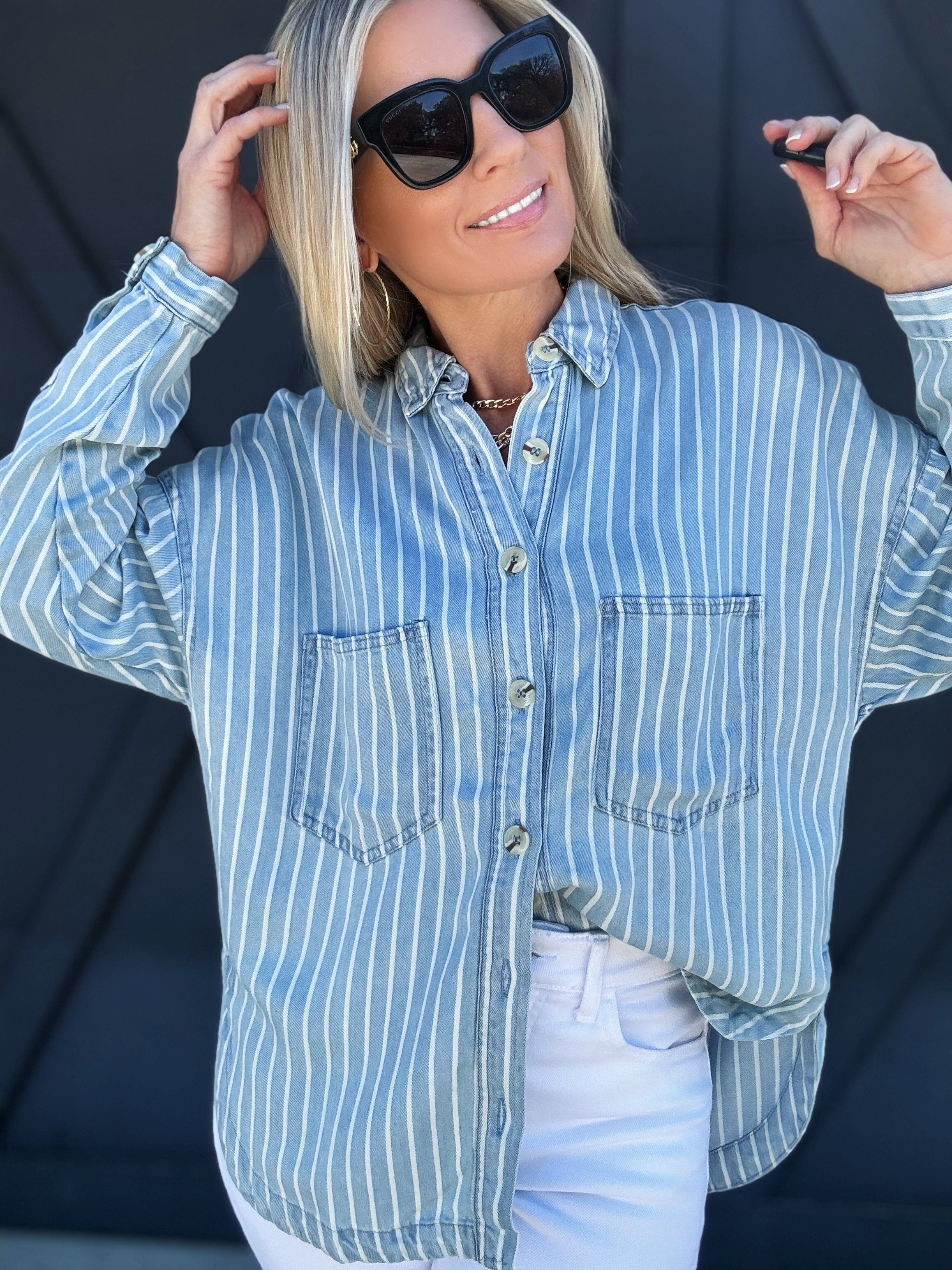 Striped Button Down Shacket In Chambray - Infinity Raine